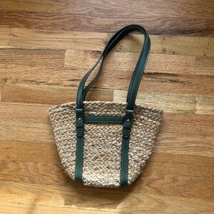 Zara Woven Tote Bag with green leather straps